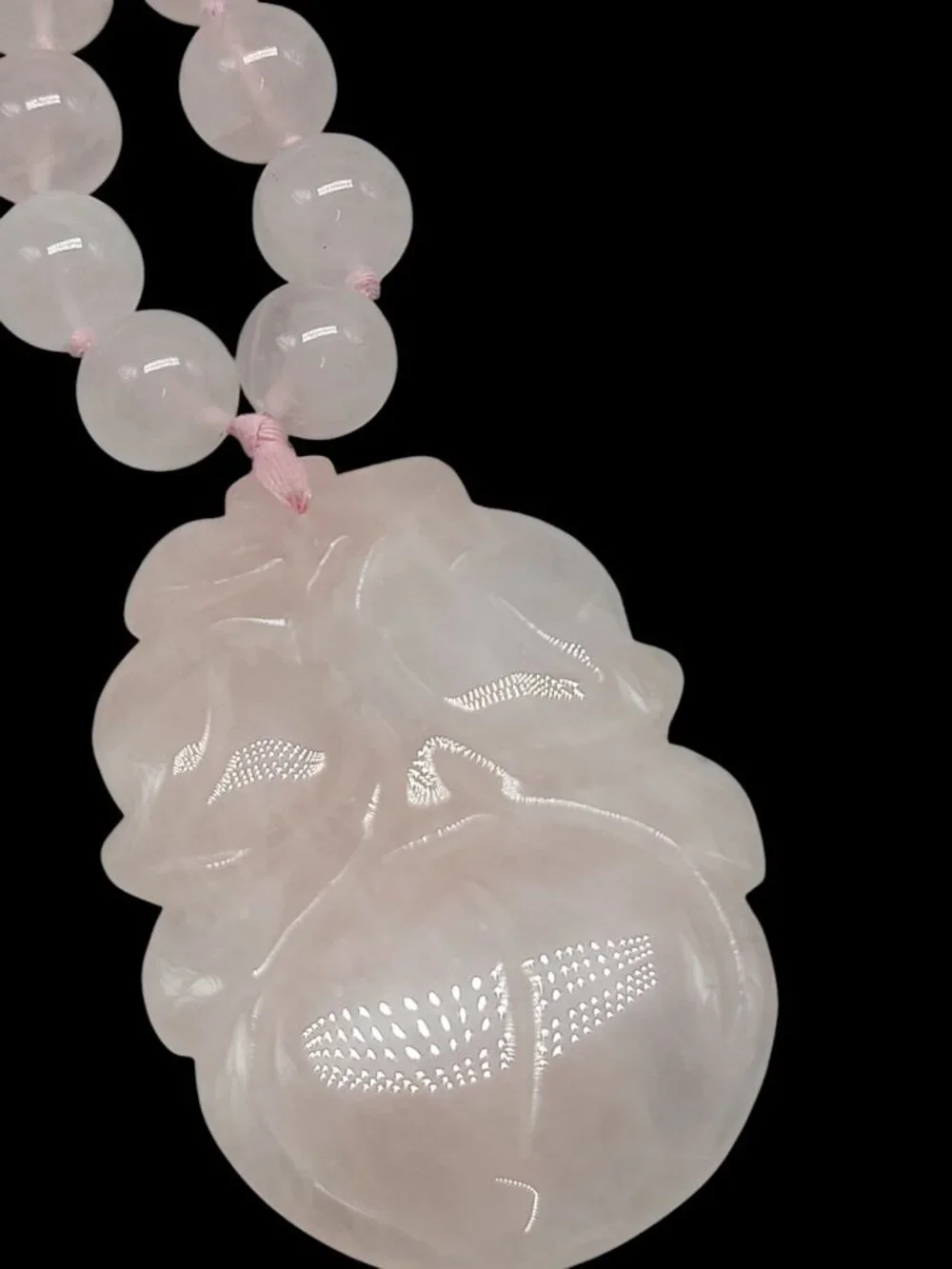 Chinese Rose Quartz Hand Knotted Mala Lotus Design Necklace 28